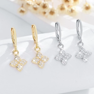 Pendientes de Aro de Cobre con Trébol de Cuatro Hojas Colgante Flor con Diamantes de Imitación para Mujer Joyería de Moda Regalo