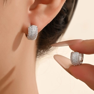Luxury silver-plated U-shaped hoop earrings with full cubic zirconia pave setting
