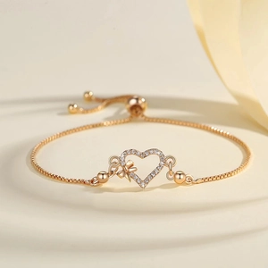 Gold Plated Copper Zirconia Heart Bracelet Adjustable Slider Chain Bowknot Heart Pendant Bracelet For Women Jewelry Gift