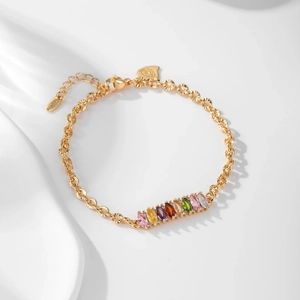 Elegant gold plated bracelet with eight marquise cut rainbow gemstones and adjustable heart tag