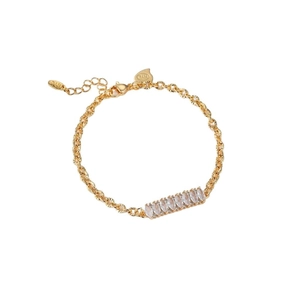 Gold plated bracelet with marquise cut crystals and textured link chain on white background