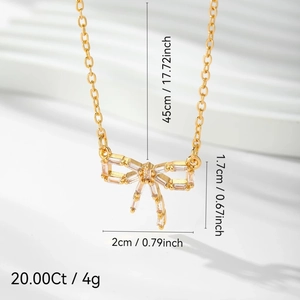 Collier nœud plaqué or avec zircons baguette et mesures détaillées de 45 cm