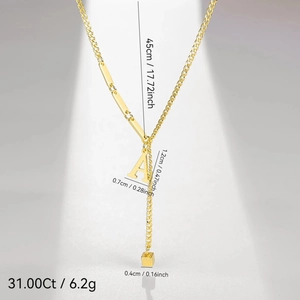 Detailed specs of gold initial A necklace with 45cm chain and tassel pendant detail