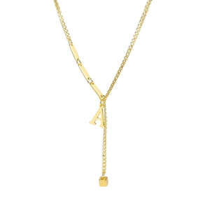 Minimalist gold necklace featuring a letter A pendant and stylish metallic tassel