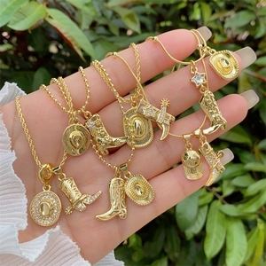 18K Vergoldet Messing Western Cowboystiefel Und Hut Anhänger Halskette Mit Zirkonia Vintage Stil Schmuck Für Herren Damen