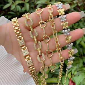 Bracelet de Luxe en Laiton Plaqué Or 18K avec Zircone pour Femme Vintage Cœur Papillon Maillons en U Bijoux Cadeau