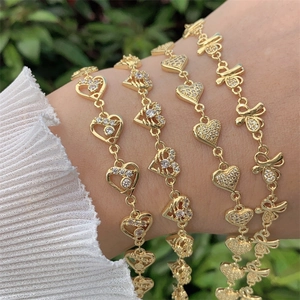 Bracelet Élégant en Cuivre Plaqué Or 18K avec Zirconium en Forme de Cœur et Nœud pour Femme Bijou de Saint-Valentin