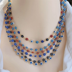 Evil Eye Jewelry Set Gold Plated Copper Enamel Bead Layered Necklace And Bracelet For Women Bohemian Lucky Jewelry