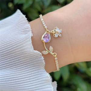 Elegante bracciale a tulipano e farfalla placcato oro 18 carati con zirconi rosa