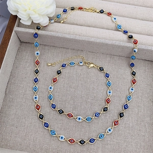 Bohemian style 18K gold plated evil eye necklace and bracelet jewelry set for women