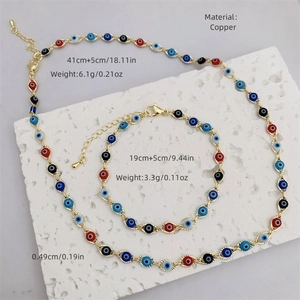 18K gold-plated copper evil eye necklace and bracelet set with colorful enamel pendants