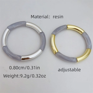 Adjustable resin bangle bracelet with marble texture and metallic gold silver links