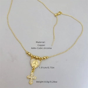 Collier en cuivre plaqué or 18 carats avec médaille Marie cœur et pendentif croix