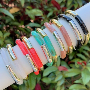 Bohemian Resin Bamboo Style Elastic Bracelet For Women Marble Texture Metal Tube Stretch Bangle Fashion Daily Jewelry Gift