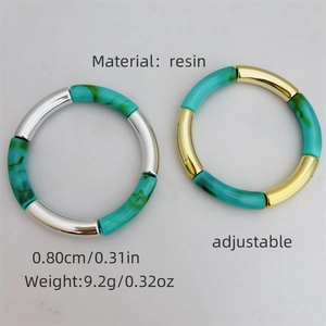 Adjustable marble turquoise resin tube bracelet with metallic gold and silver accents