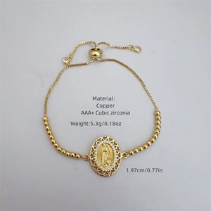 Elegant 18K gold plated copper Virgin Mary bracelet with adjustable chain and zircon stones