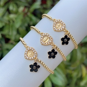 Gold Plated Copper Heart Religious Medal Charm Bracelet Rhinestone Enamel Black Flower Adjustable Slider Fashion Jewelry Gift Women