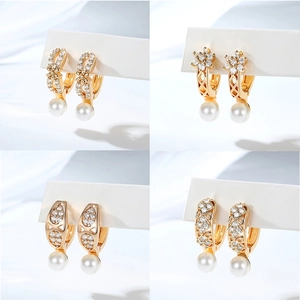 Vintage Gold Plated Copper Artificial Pearl Drop Earrings For Women Light Luxury Zirconia Flower Heart Hoop Earrings Jewelry Gift