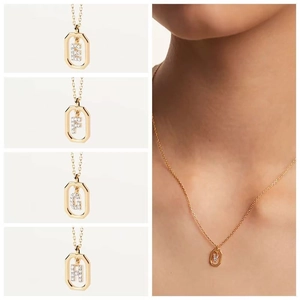 Elegant gold-plated square pendant necklaces with crystal alphabet charms E F G H for women