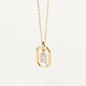 Detail of gold square pendant necklace featuring a micro-paved crystal letter Q charm
