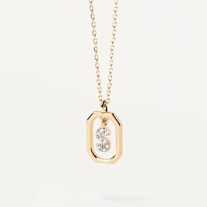 Detailed close-up of a gold-plated square pendant necklace with a zircon-inlaid letter S