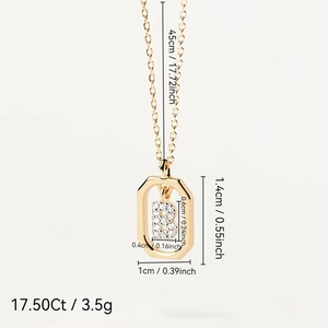 Detail of gold-plated square pendant necklace with crystal letter B and size dimensions
