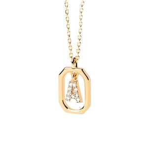 18K gold plated necklace with octagonal pendant and diamond encrusted letter A charm