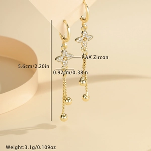 Pendientes largos de trébol con circonitas y borlas en chapado de oro 18K para mujer