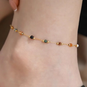 Tobillera de Acero Inoxidable Minimalista para Mujer Boho Playa Vacaciones Impermeable Cuentas de Piedra Natural Multicolor Ajustable