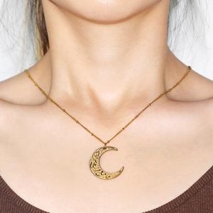 Roestvrij Staal Halve Maan Hanger Halsketting Arabische Kalligrafie Gesneden Satellietketting Etnische Sieraden Cadeau