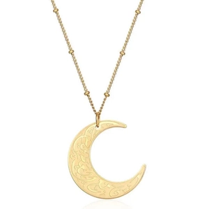 Gouden halsketting met maansikkel hanger, Arabische kalligrafie en fijne kralenketting