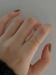 Detailed view of women's gold interwoven multi-layer stainless steel ring on finger
