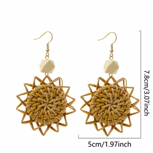 Handmade bohemian woven rattan drop earrings with wooden beads for women vacation jewelry