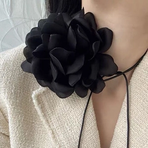 Exaggerated black fabric flower choker necklace with long adjustable lace-up straps