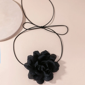 Elegant black fabric oversized flower choker necklace with tie-up ribbon for party wear