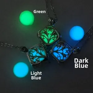 Luminous tree of life hollow square necklace in green, light blue, and dark blue glow