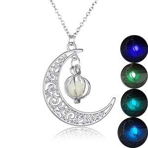 Luminous Glow In The Dark Hollow Moon Pendant Necklace For Women Alloy Stainless Steel Chain Halloween Christmas Jewelry