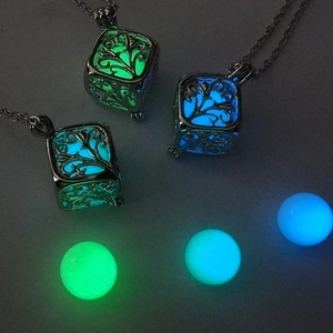 Luminous tree of life cube necklace with glowing green and blue interchangeable beads