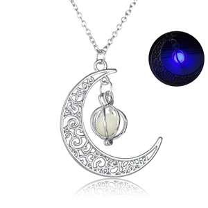 Luminous crescent moon necklace with hollow pumpkin pendant and blue glow effect