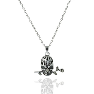 Gothic skull with rose pendant necklace in retro silver finish on white background