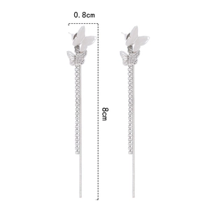 Detail view showing dimensions of butterfly tassel earrings, 8cm length and 0.8cm width