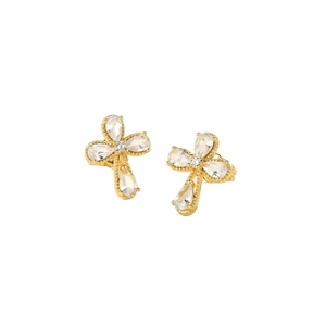 Elegantes pendientes de cruz dorados con piedras transparentes y detalles de milgrain