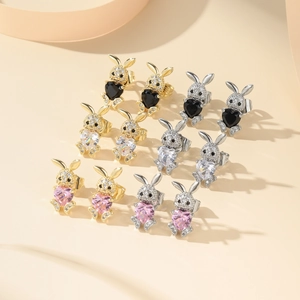 Pendientes de Botón de Circonia en Forma de Corazón de Conejo para Mujer Cobre Chapado en Oro Plata Joyas de Moda Animal Regalo