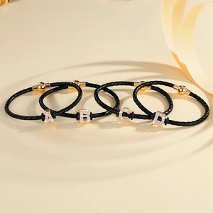 Fashion Braided Cowhide Leather Bracelet For Women Men Gold Plated Copper Rhinestone Initial Letter A-Z Jewelry Gift
