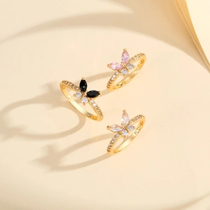Fashion Copper Butterfly Open Ring For Women Gold Silver Plated Zirconia Inlaid Minimalist Adjustable Finger Ring Jewelry