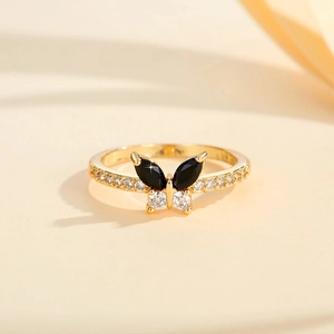 Elegant gold-plated butterfly open ring featuring black stones and white zircons