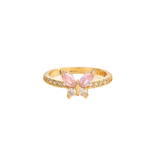 Elegant gold butterfly open ring featuring pink and white stones with zircon accents