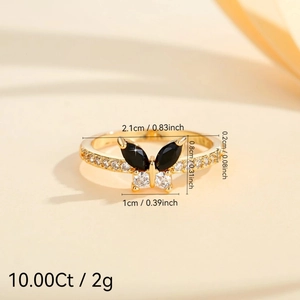 Golden butterfly open ring with black marquise stones and zircon accents for women