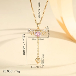 Golden Cupid heart pendant necklace with pink gem and wings on a silky 45cm chain