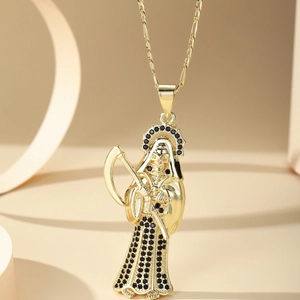 14K Gold Plated Copper Santa Muerte Grim Reaper Pendant Necklace With AAA Zircon Hip Hop Gothic Jewelry For Men Women